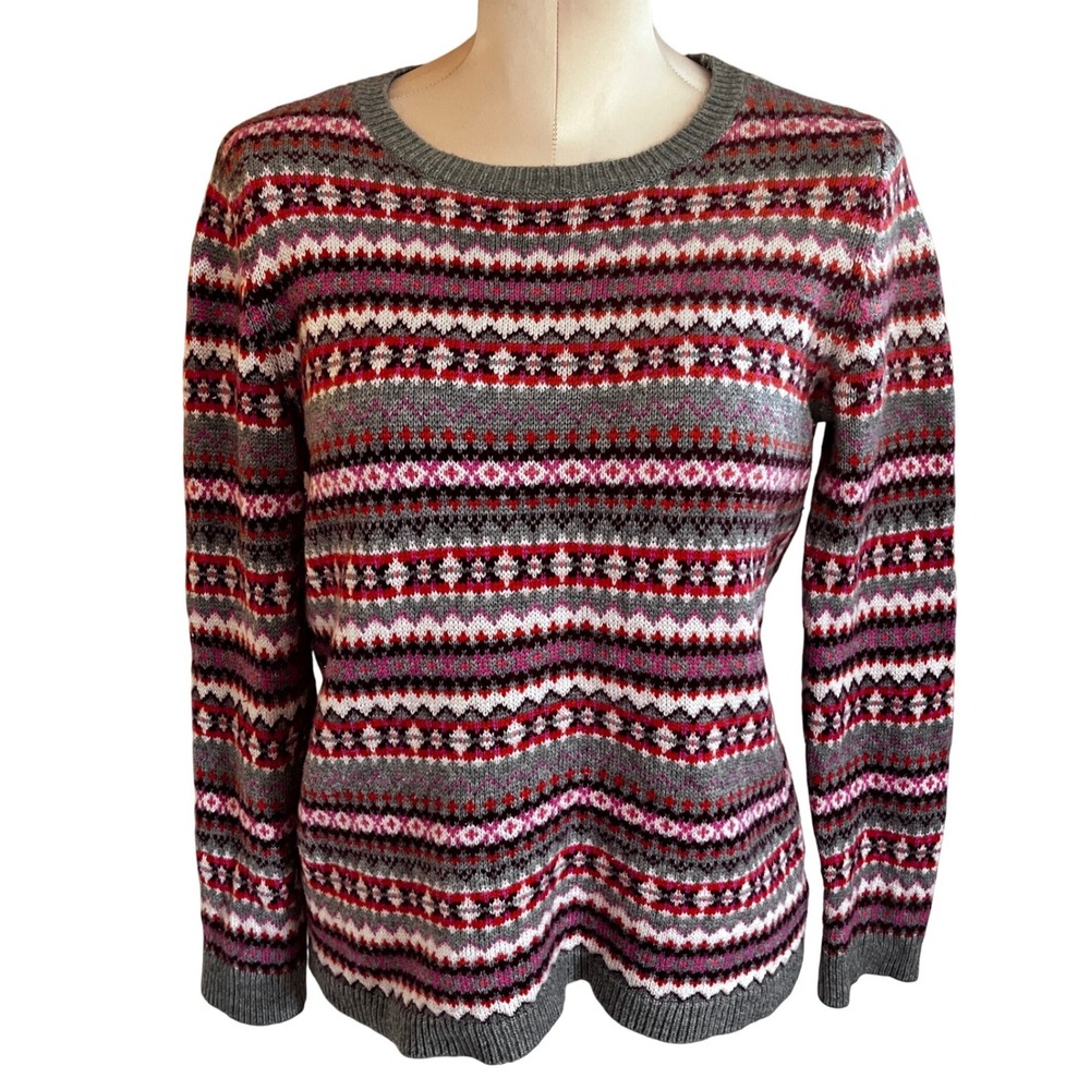 Talbots Nordic Fair Isle Lambswool Blend Pullover Sweater Grey Pink Red MP Y2K